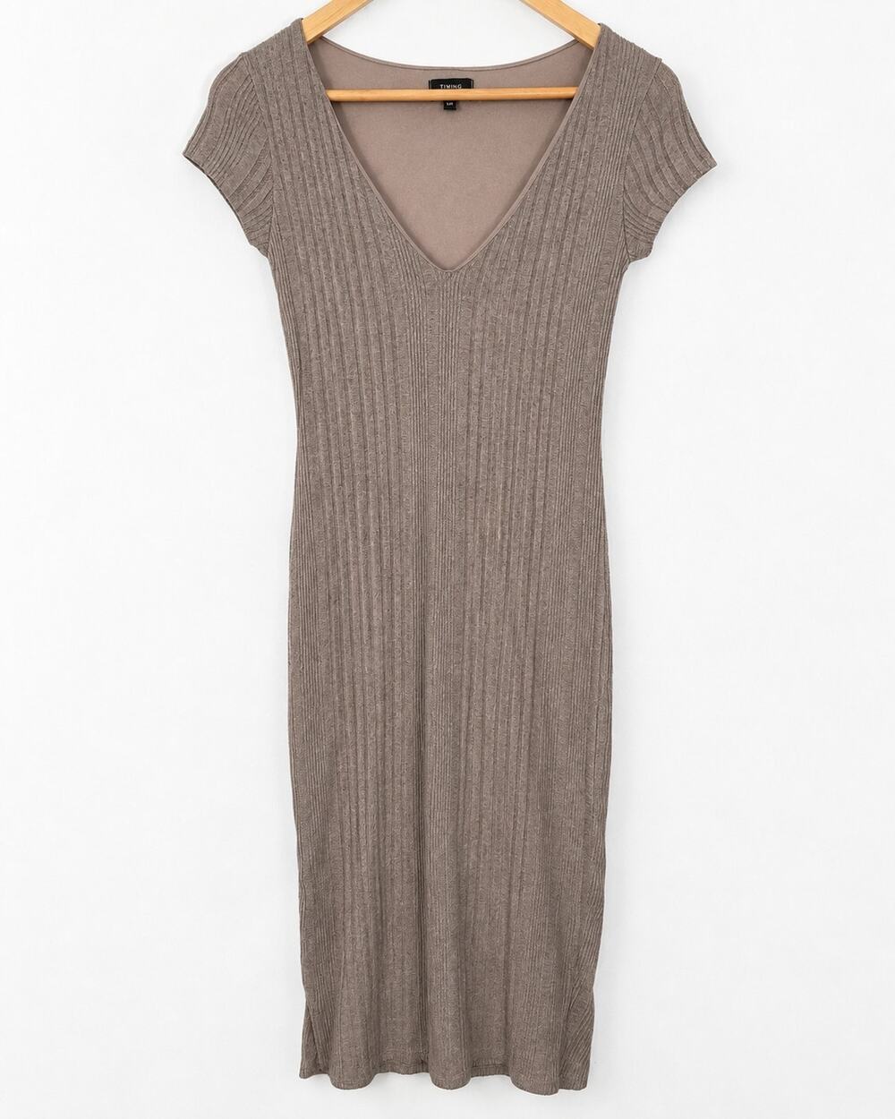TIMING Women’s M Taupe Ribbed Knit V-Neck Midi Dress Bodycon Stretch